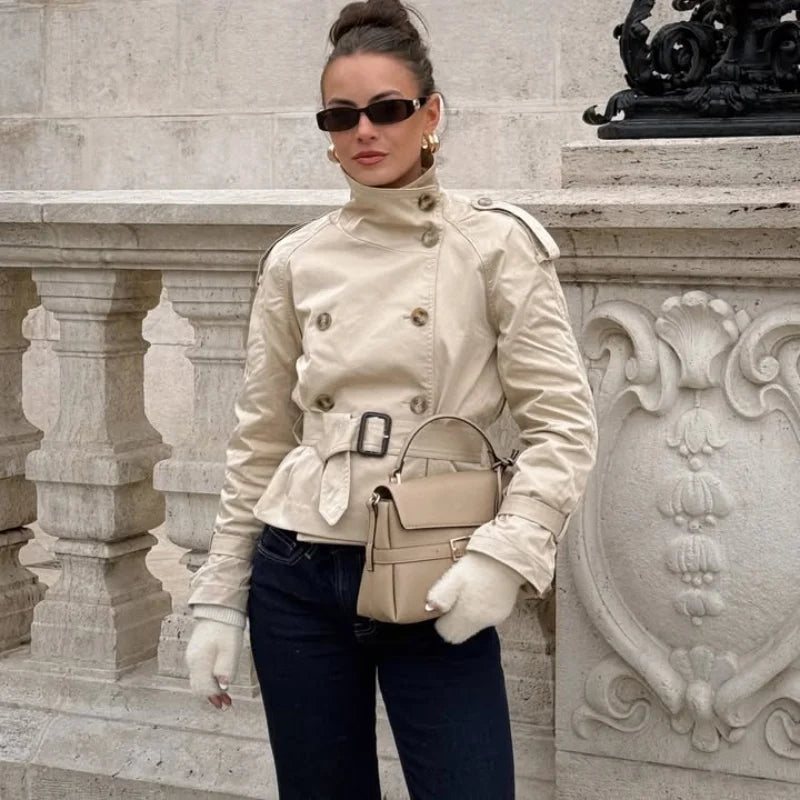 Fashion Women's Short Belt Jackets Long Sleeve Stand Collar Double Breasted Female Coat 2025 Autumn Lady Solid Outwear