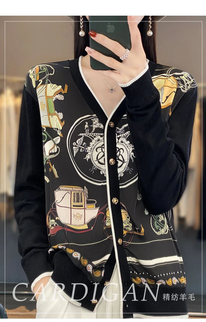Spring and Autumn New Woven Wool Cardigan Women's V-neck.