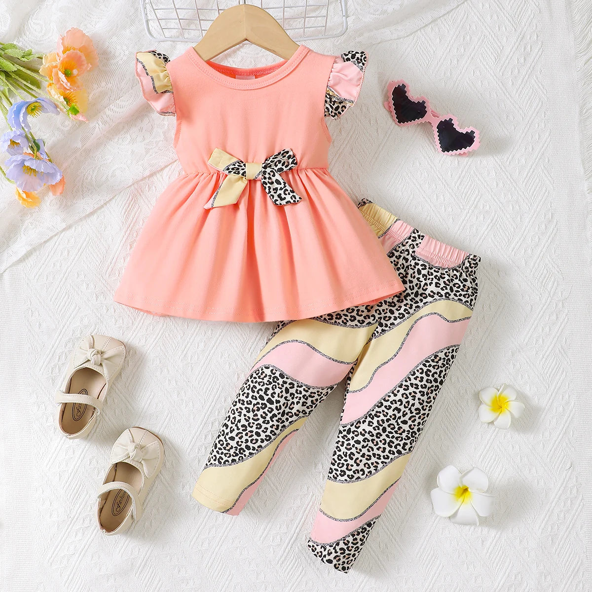 New Baby Girl Casual Round Neck Sleeveless Dress Printed Pants Two Piece Set.