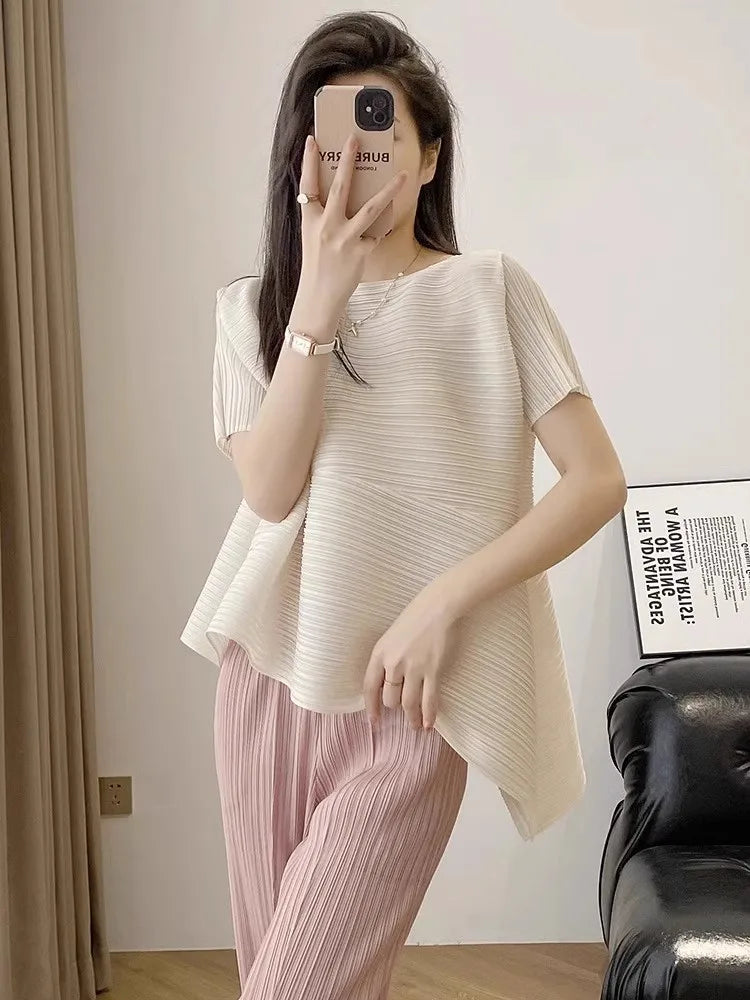 Miyake style pleated tops for women 2024 summer new high-end loose large size stretch fabric clothes temperament T-shirt