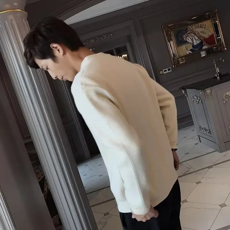 Men's V-neck Knitted Sweater Long Sleeve Solid Color Spring.