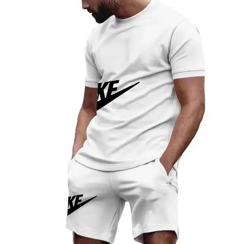 Men 2025 summer new casual sports suit Fashion breathable outdoor men's short-sleeved T-shirt + training shorts two-piece set