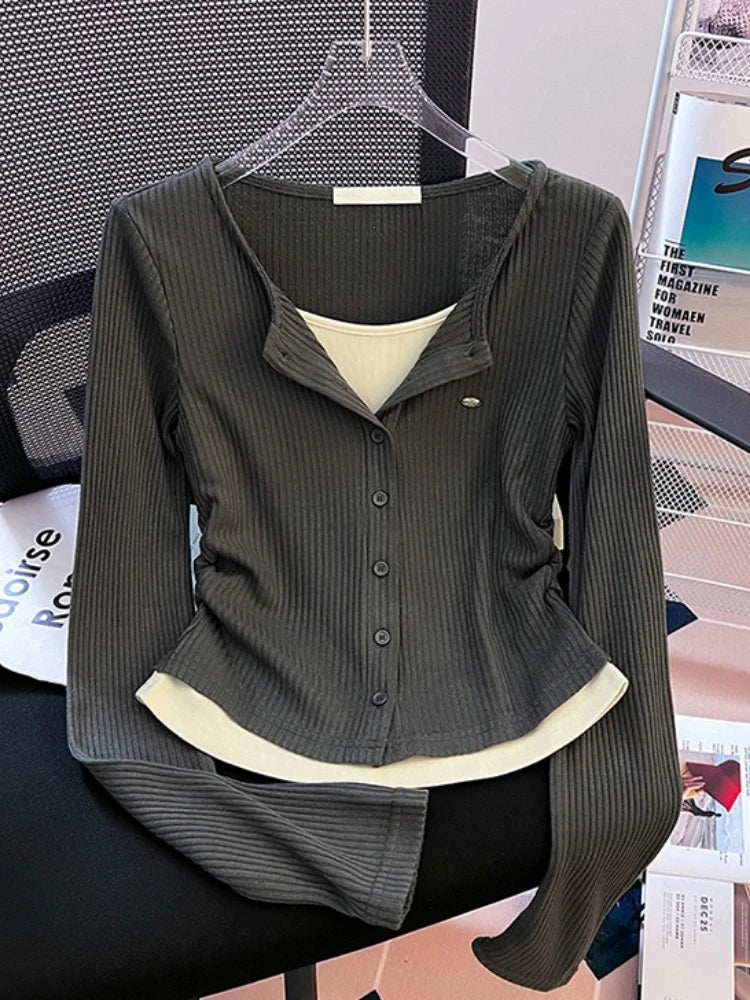 Plus Size Casual Retro Long Sleeves Knitting T-Shirt Women's Spring Fake Two-Piece Shoulder T-shirt Chubby Girl Slim Fit Slim...