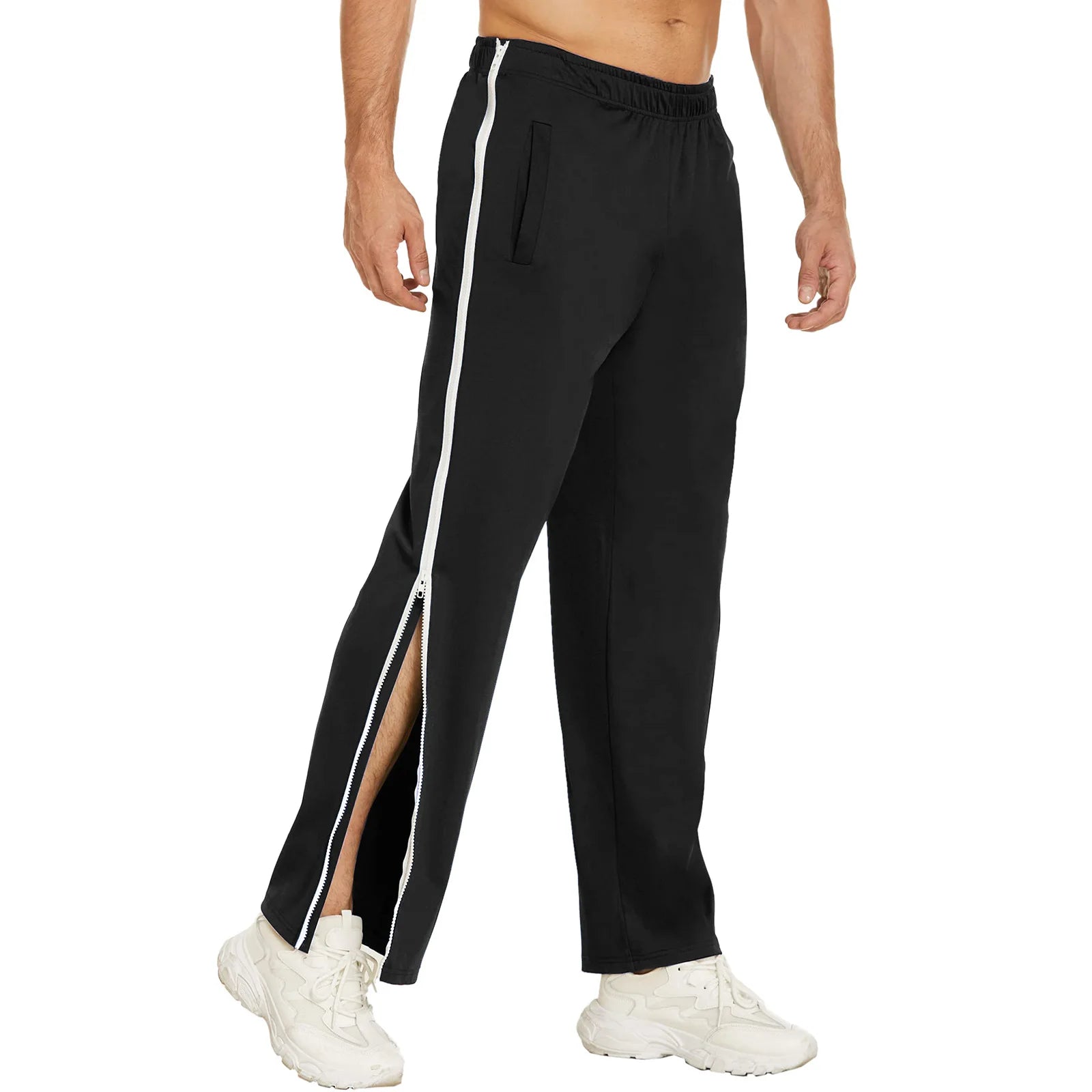Men Athletic Pants, Elastic Waist Zip-up Trousers Casual Pants.