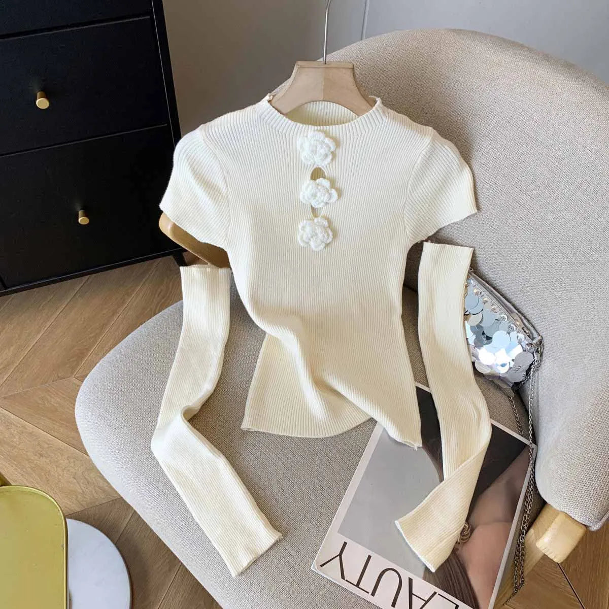 Women's Clothing Fashion Floral Solid Knitted Sweaters Spring Summer Elegant Slim O-neck Long Sleeve Tops