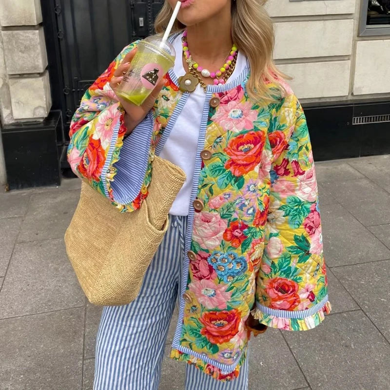 Maemukilabe Floral Print Loose Quilted Jacket .
