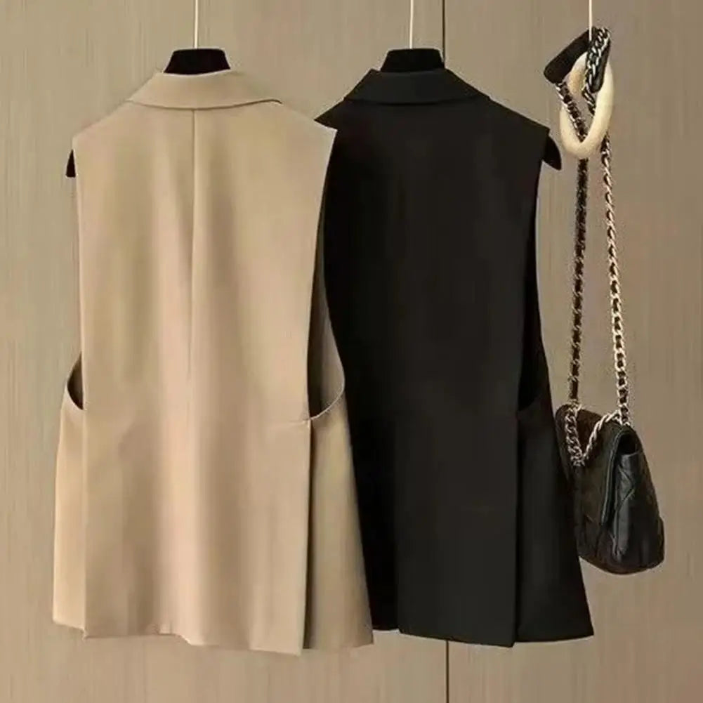 Women Vest Sleeveless Solid Color Suit Collar Loose Cardigan.