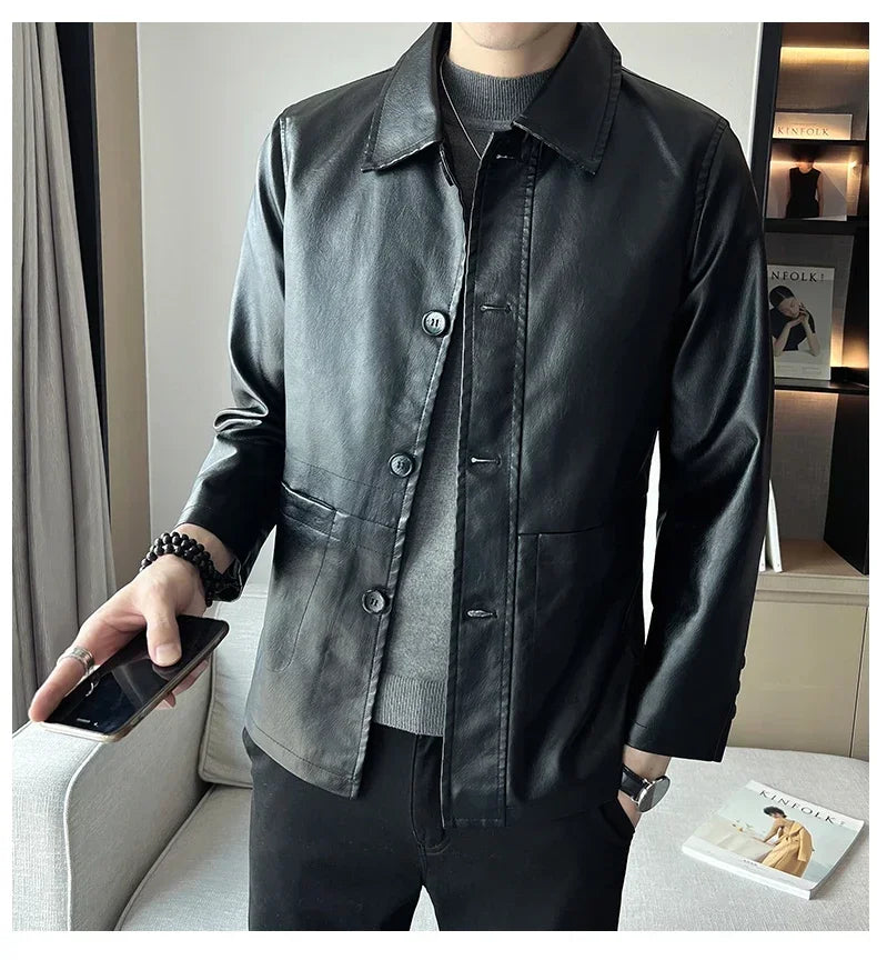 brand slim leather jacket coat Men Business Casual Autumn winter.