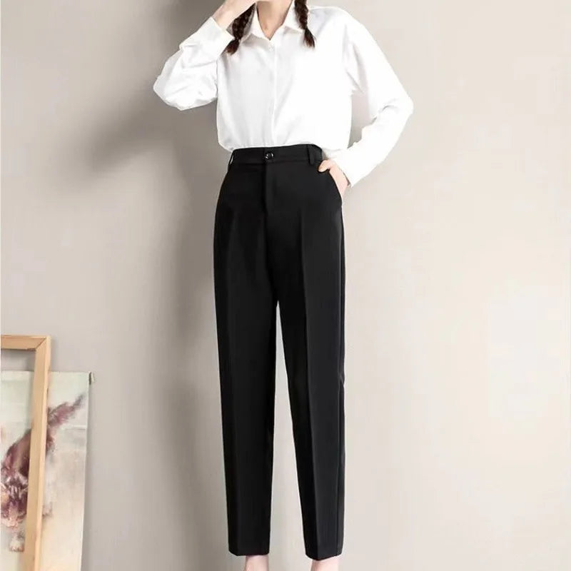 Fashion Office Pocket Black Loose Ankle-Length Pants Women New High Waist Korean Zipper Button All-match Lady Straight Trousers