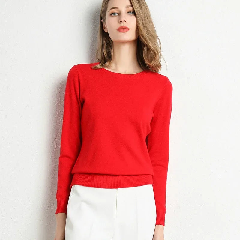 Women Slim O-Neck Pullover Cashmere Wool Blending Sweater.