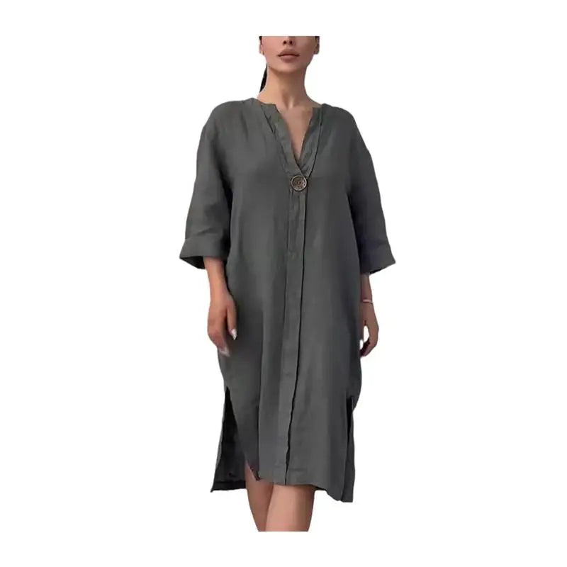 Women's Casual Button-Up Linen irt Long Ne round Color women fashion;/MH