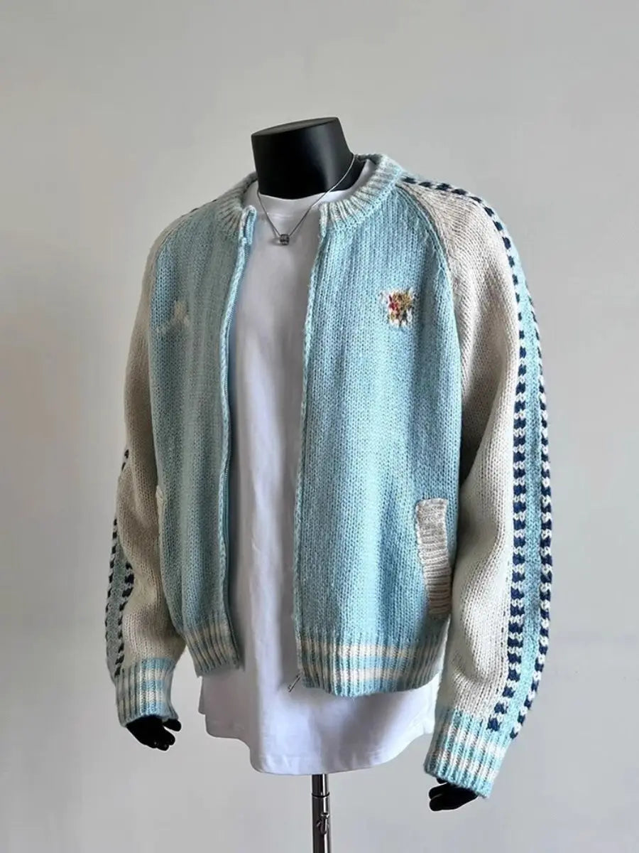 Design Knitted Wool Color-blocked Zipper Jacket Men's Winter .