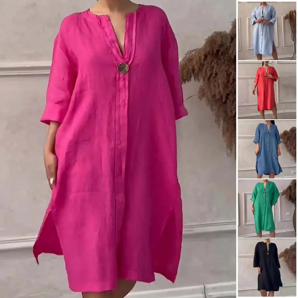 Soft Fabric Women Dress Button V-neck Dress Women's 'fashion/MH