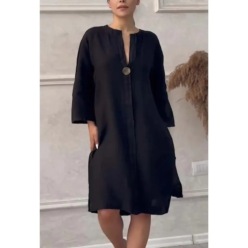 Elegant O-neck Long-sleeved Button Dress For Women's ./ MH