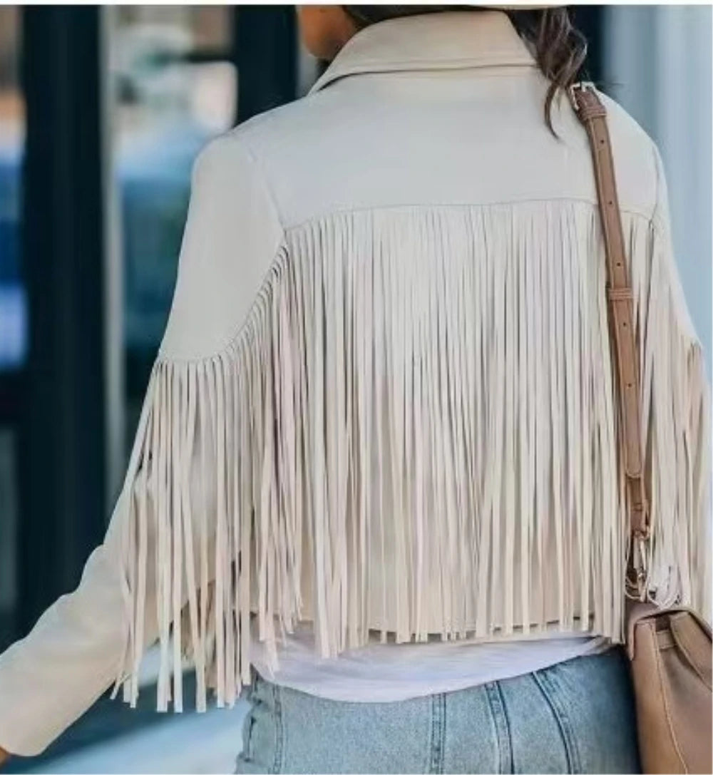 New women Motor Biker Cardigan OutwearsFaux Suede Tassel Jacket.