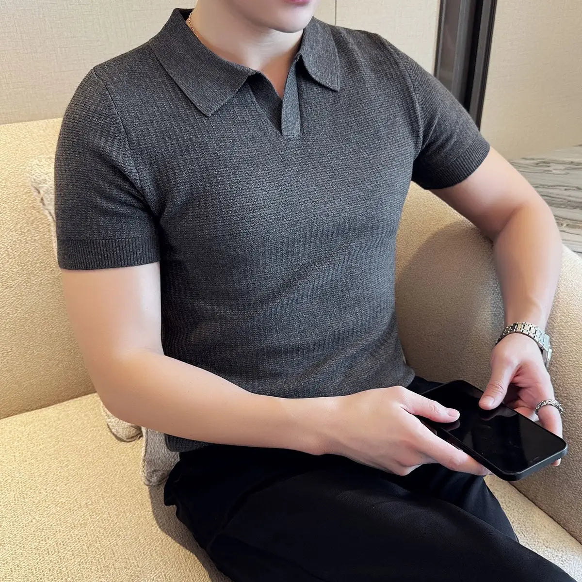 Men's Polo Shirt, Korean Style Slim Fit Collar Solid Color Casual Thin Sleeve Trendy Knit Top