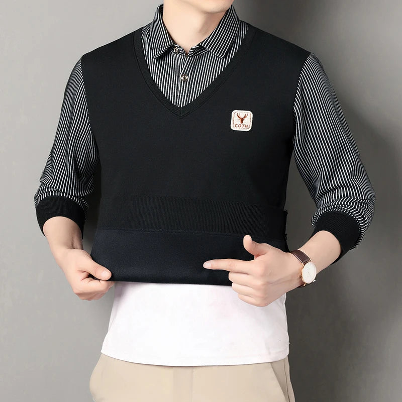 Men's Winter Sweater Fashion Polo Shirt Pullover Slim Fit Elegant Luxury Brand Knitwear Fake Two Pieces Knitted Sweaters