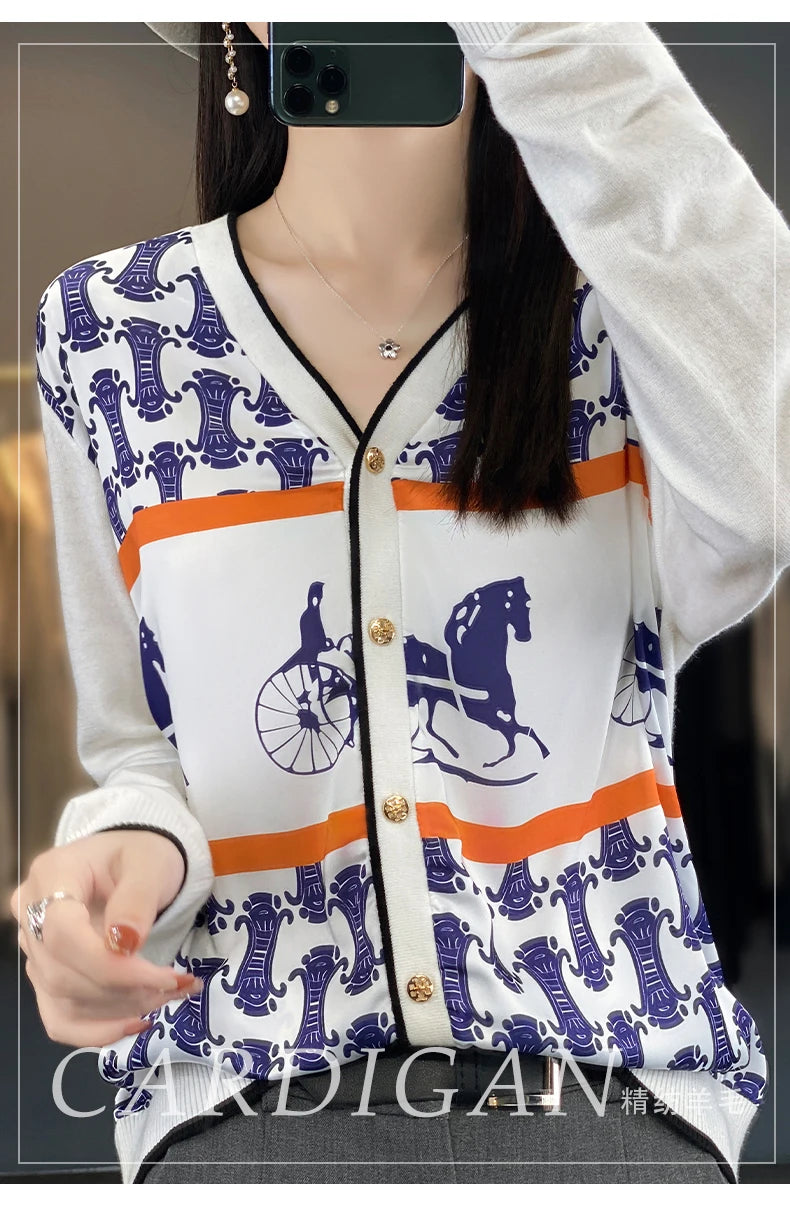 Spring and Autumn New Woven Wool Cardigan Women's V-neck.