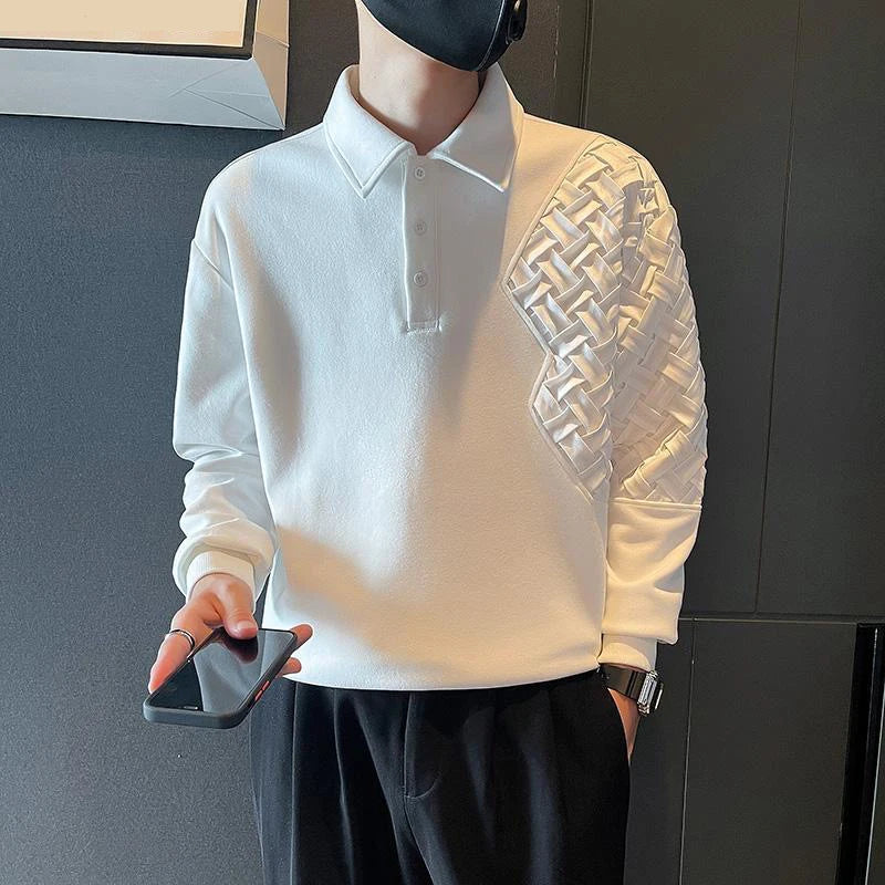 Fashion Sweatshirt Mens Splicing Design Long Sleeve Polo Shirt Spring Autumn Premium Solid Color Tops Streetwear Handsome Coat
