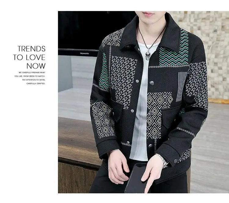 Brand Clothing Spring Autumn Men Coats Lapel Slim Print Jacket.