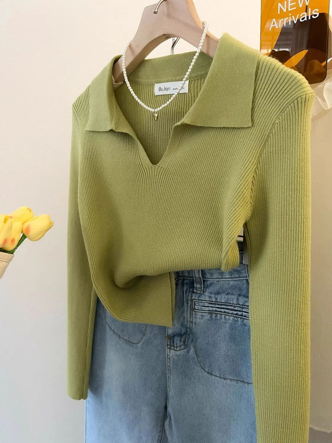 Women Clothing Vintage Fashion Solid Turn-down Collar Pullovers.