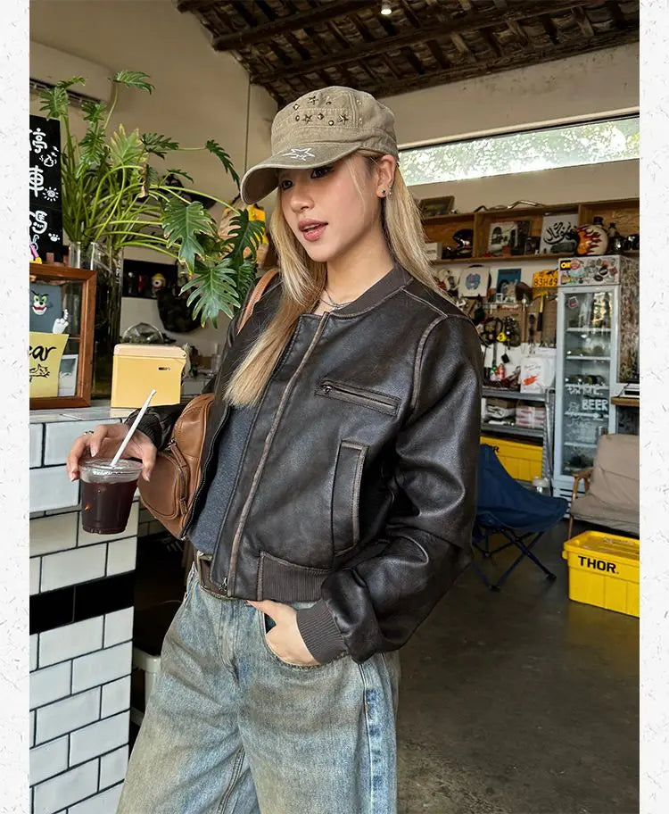 American Vintage Short Motorcycle Leather Jacket Women.