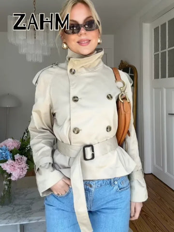 Fashion Women's Short Belt Jackets Long Sleeve Stand Collar Double Breasted Female Coat 2025 Autumn Lady Solid Outwear