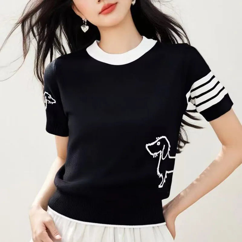 Summer wool women's round neck short sleeved pullover sweater soft  breathable high-quality sweater fashionable solid color top