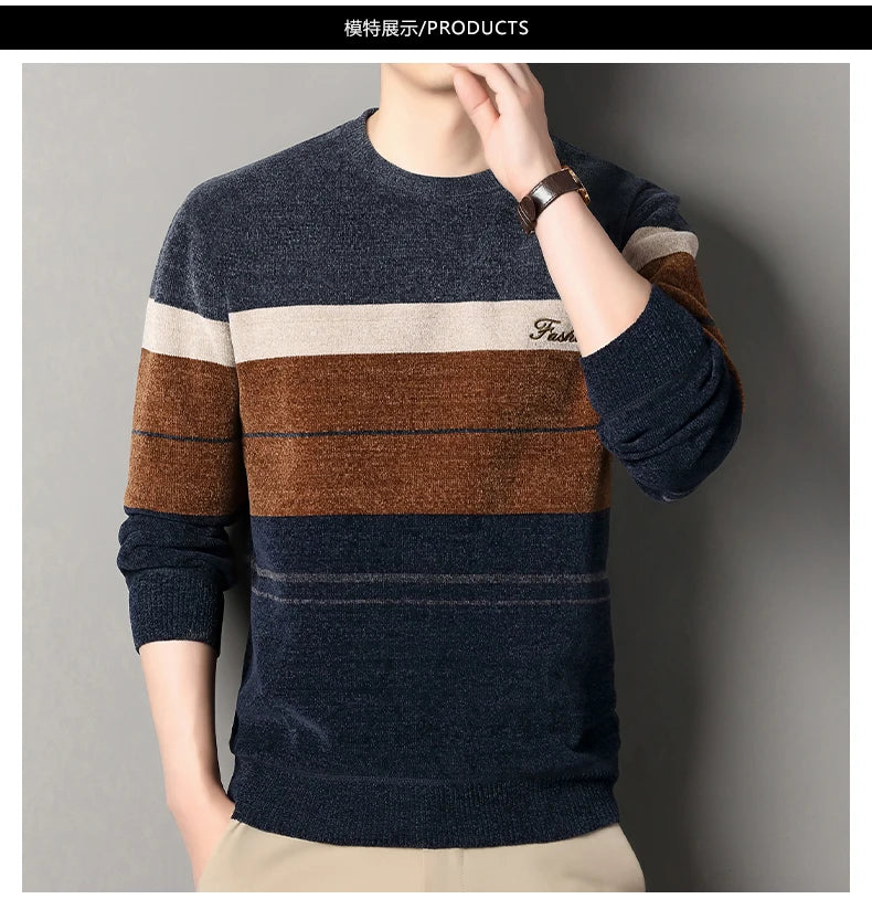Mens Fashion Striped Sweater Round Neck Pullover Fleece.