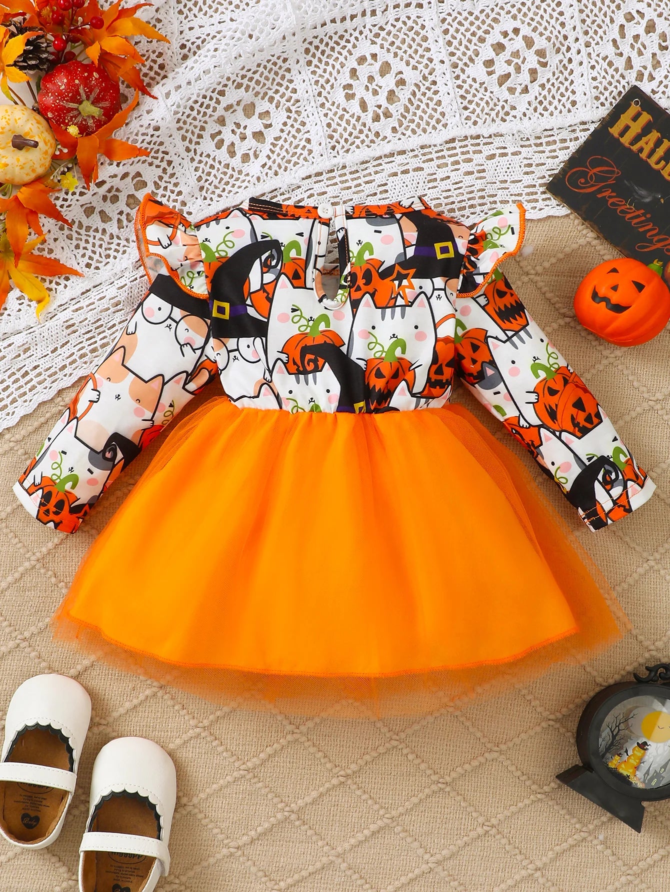 0-3 Year old Children's Girl Dress Round neck Cartoon Halloween Element  Tulle Long sleeved Dress Girl Halloween Party  Dress