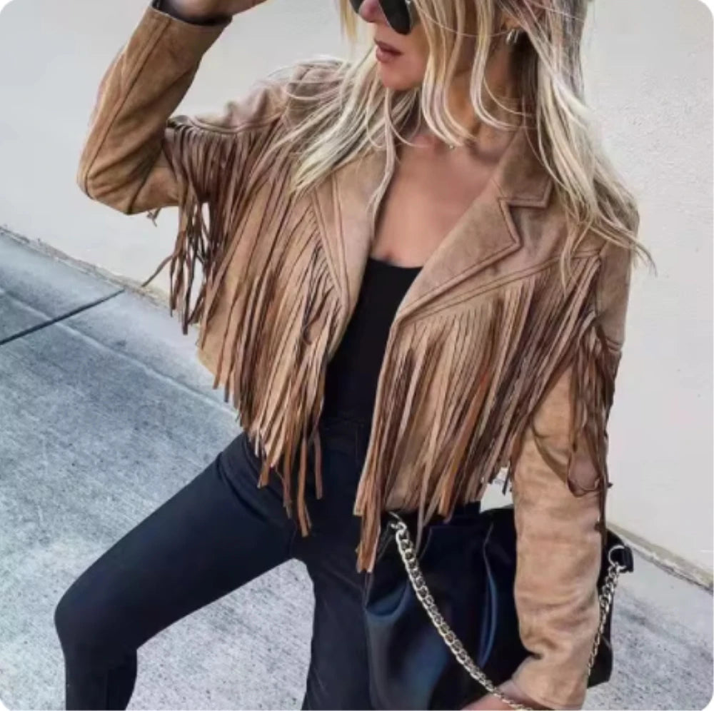 New women Motor Biker Cardigan OutwearsFaux Suede Tassel Jacket.