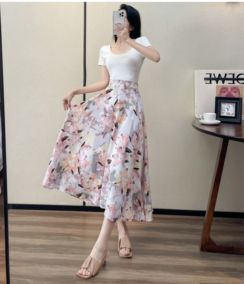 Summer High Waist Women Skirts Casual Floral Printed Chiffon.