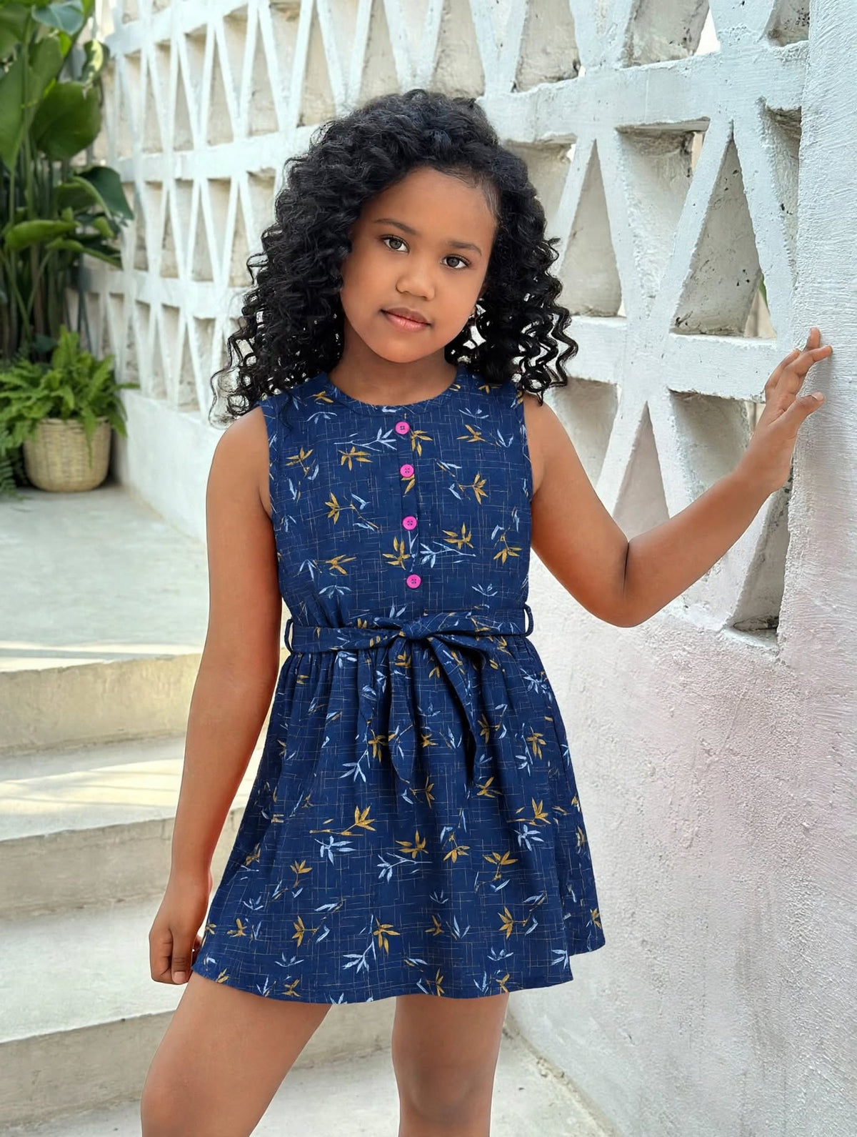 Girls Navy Blue Bamboo Print Sleeveless Dress with Belt | MH Kids Summer Casual Dress Age(2-12Years)