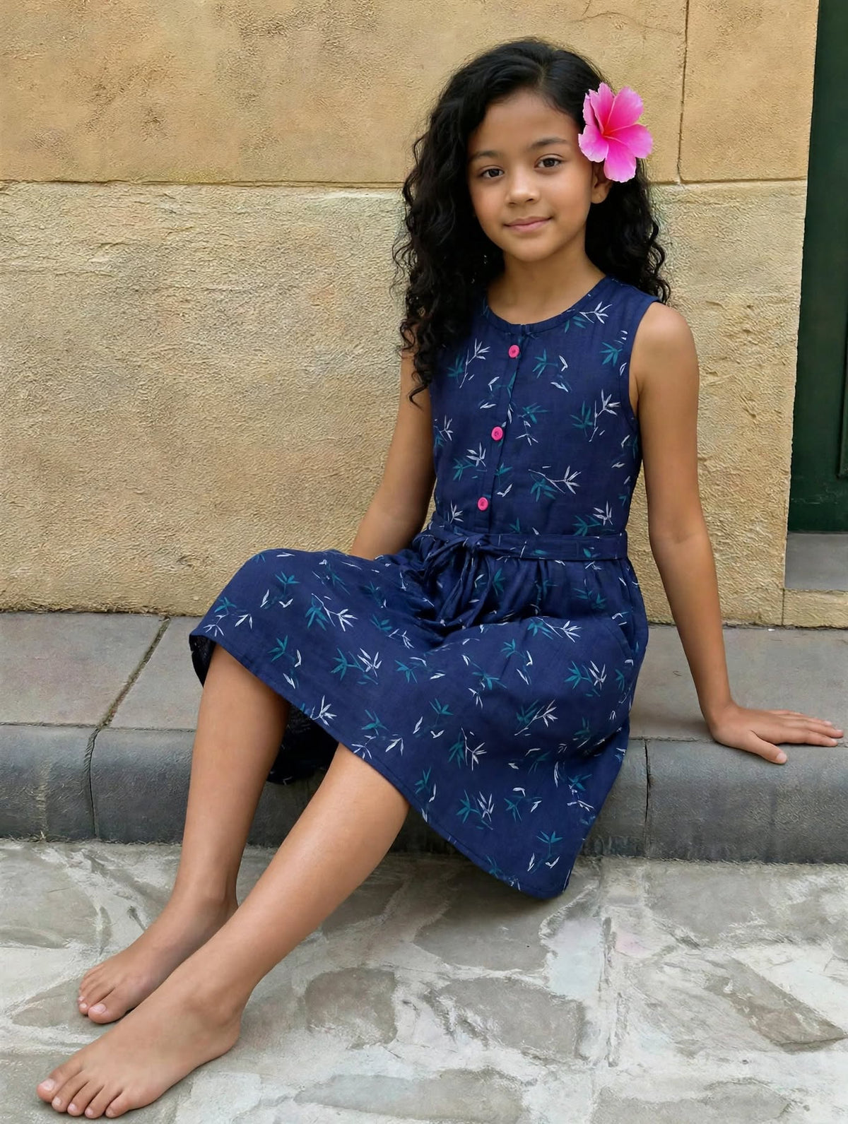 Girls Navy Blue Bamboo Print Sleeveless Dress with Belt | MH Kids Summer Casual Dress Age(2-12Years)