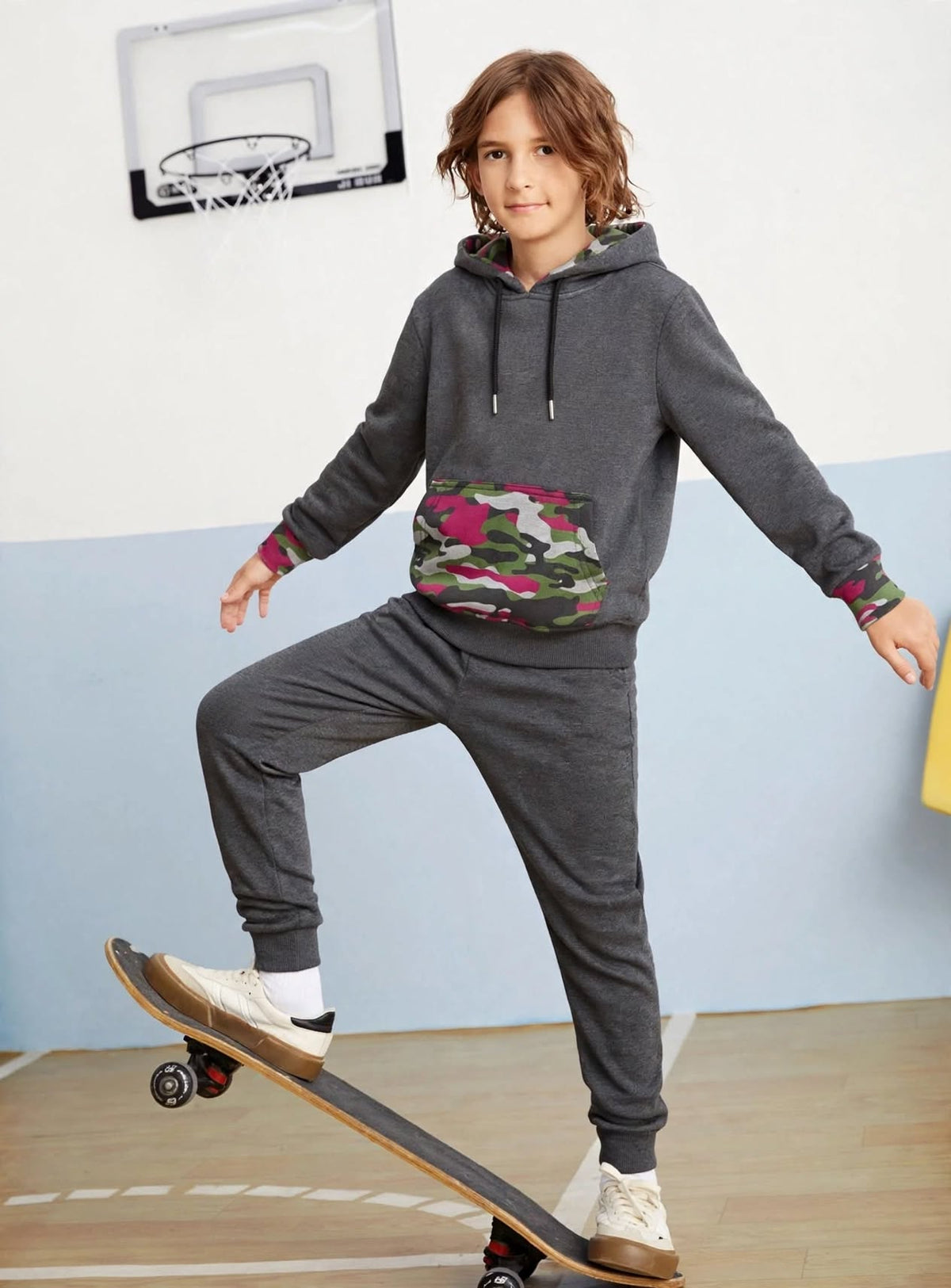 Kid Boys Contrast Trim Camo Pocket Hoodie with  | MH