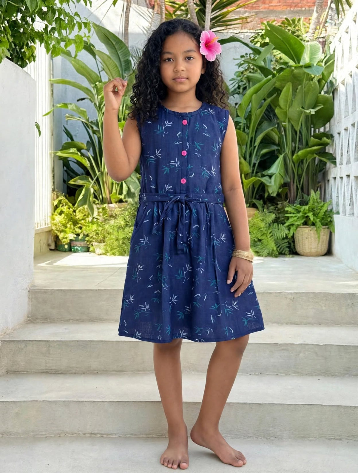 Girls Navy Blue Bamboo Print Sleeveless Dress with Belt | MH Kids Summer Casual Dress Age(2-12Years)