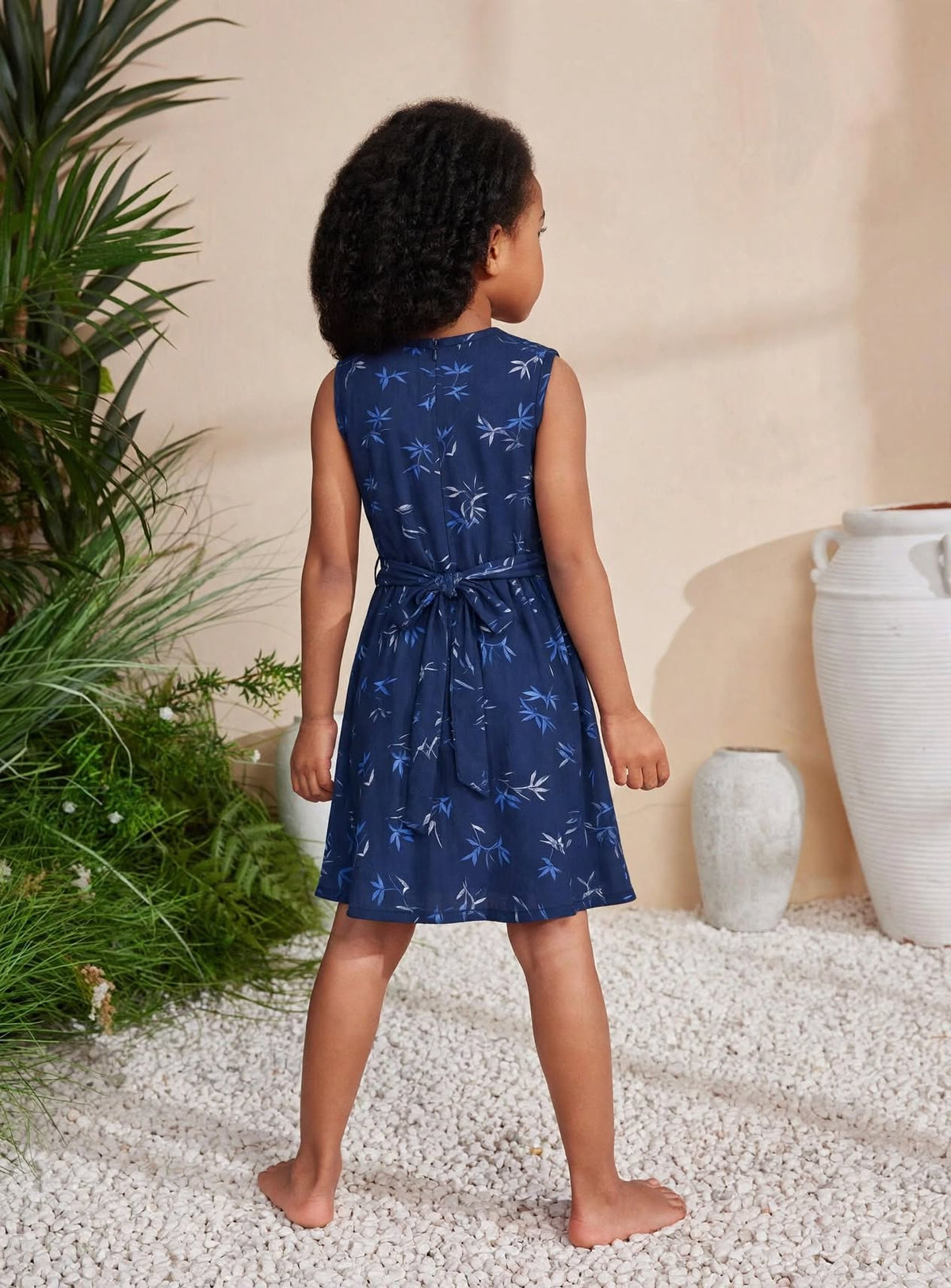 Girls Navy Blue Bamboo Print Sleeveless Dress with Belt | MH Kids Summer Casual Dress Age(2-12Years)