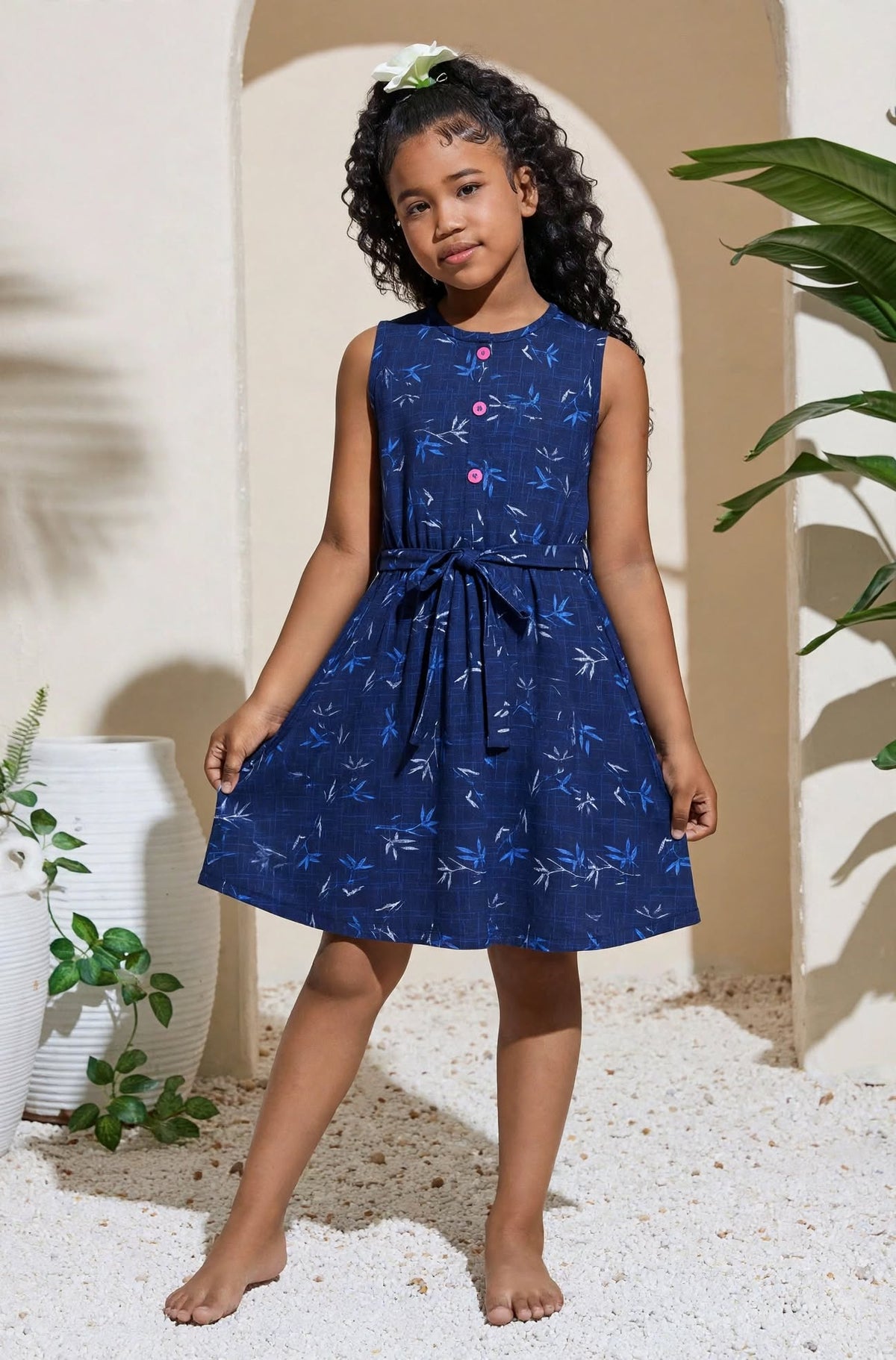 Girls Navy Blue Bamboo Print Sleeveless Dress with Belt | MH Kids Summer Casual Dress Age(2-12Years)