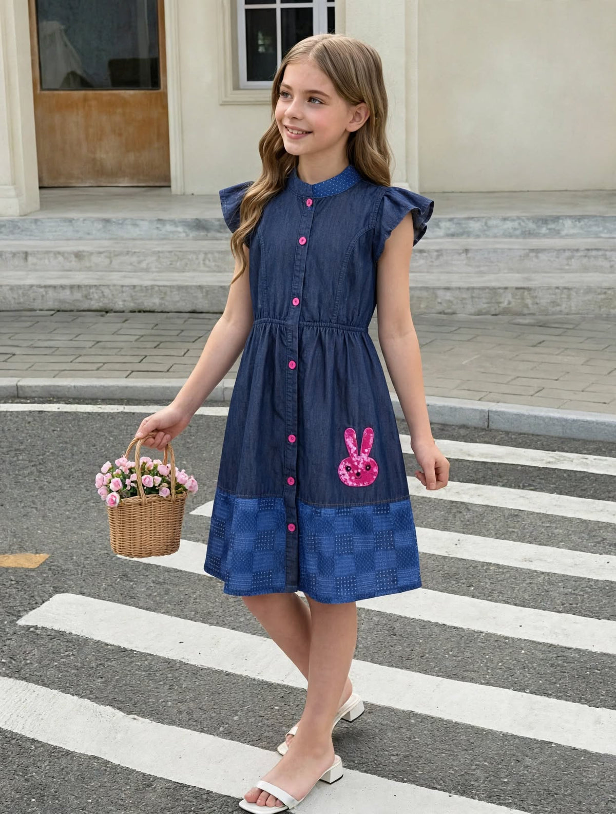 Girls Navy Blue Cap Sleeve Shirt Dress with Button Front & Cute Bunny Patch (2–12 Years)