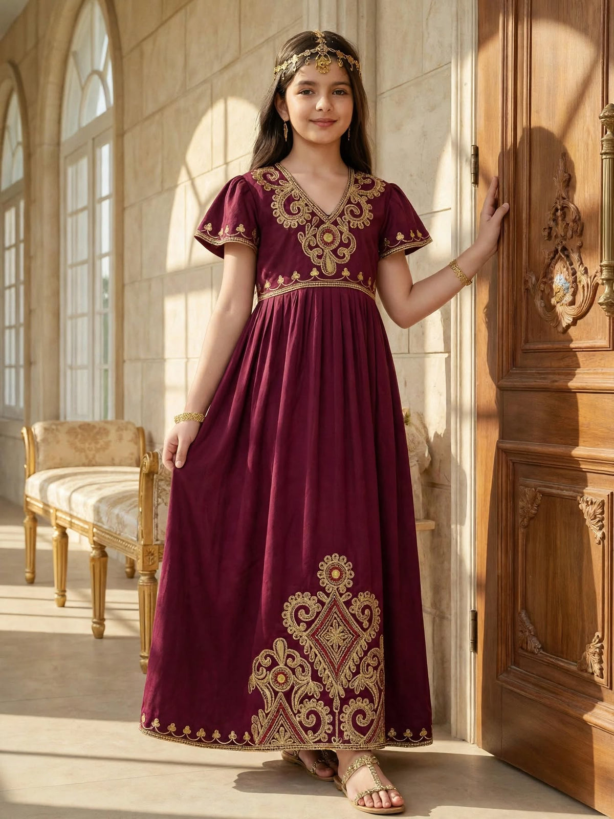 Omani Traditional Maroon Gold Embroidered Girls Dress - Heritage Collection | (Age 6 Years) | MH