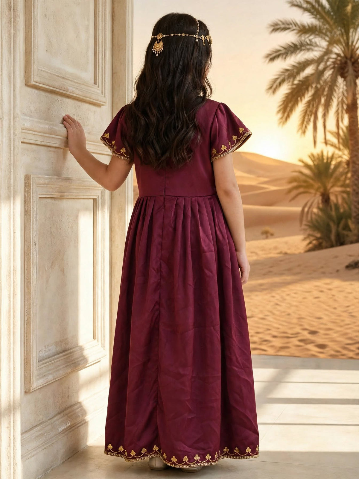 Omani Traditional Maroon Gold Embroidered Girls Dress - Heritage Collection | (Age 6 Years) | MH