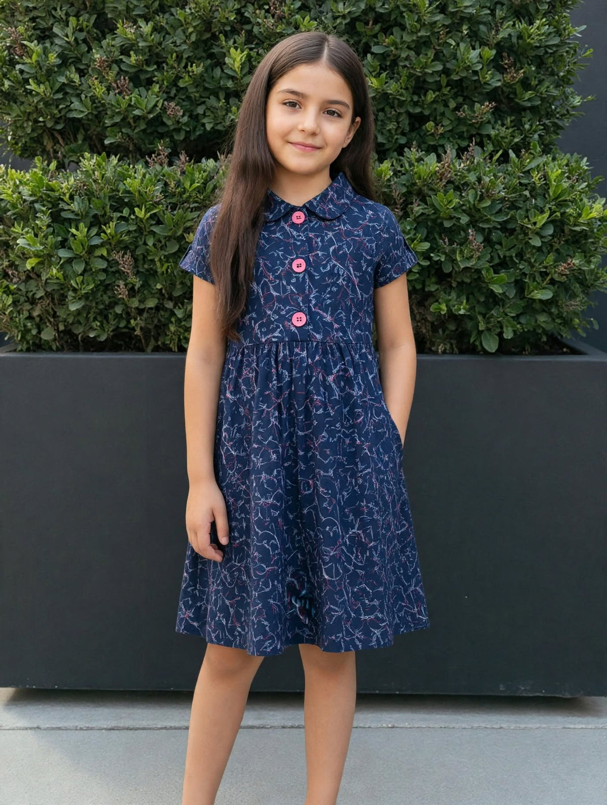 Girls Navy Blue Abstract Print Dress with Pink Buttons – Ages 2-12Y | MH