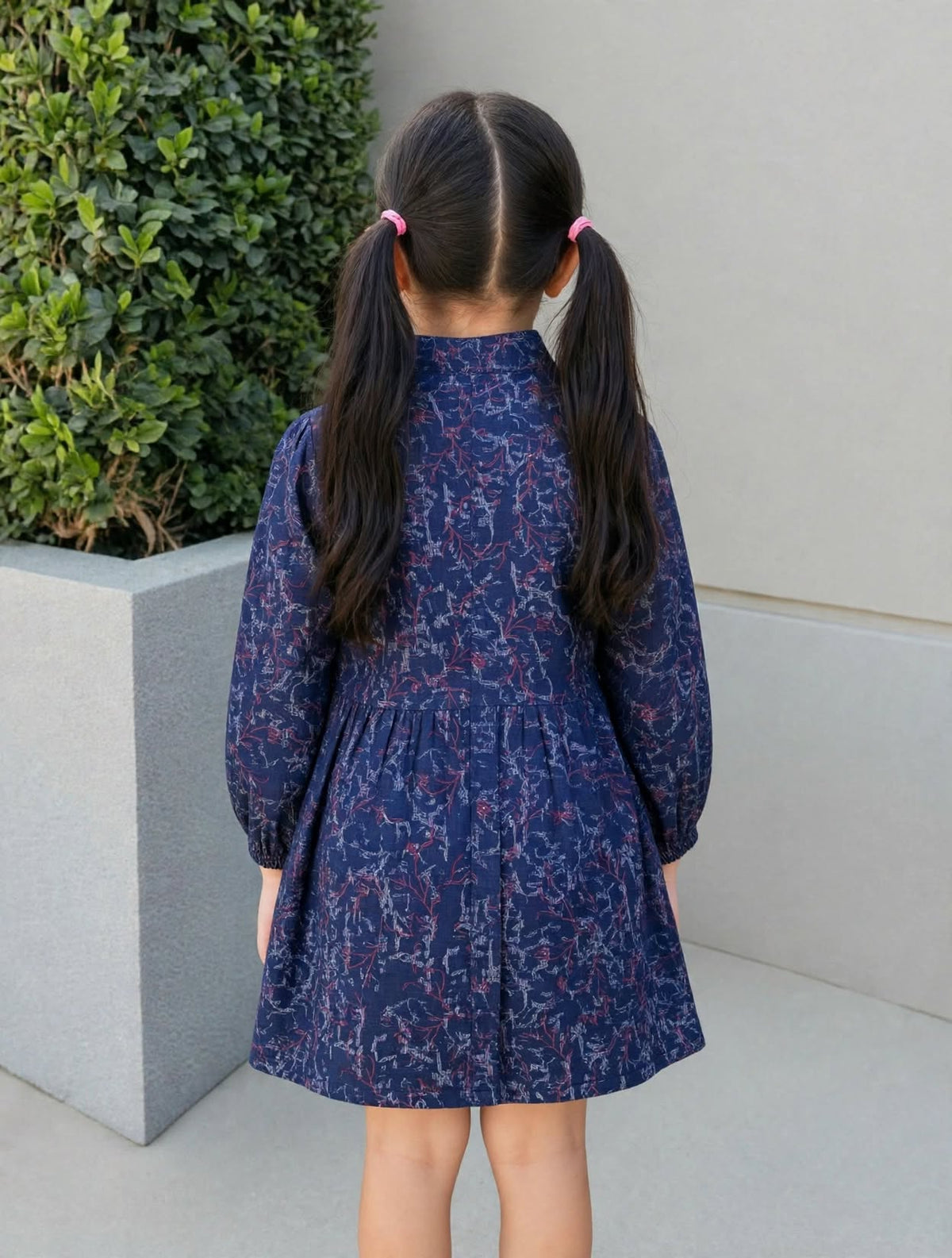 Girls Navy Blue Abstract Print Dress with Pink Buttons – Ages 2-12Y | MH