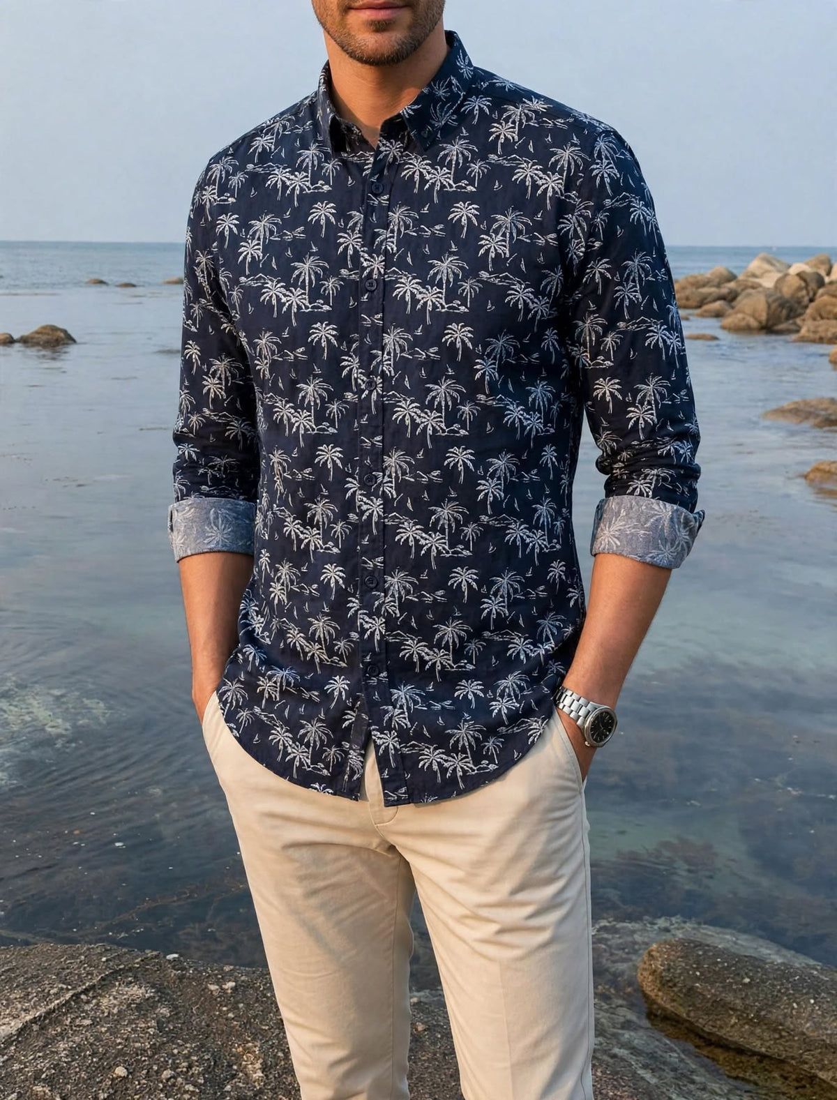 Men's Navy Blue Palm Tree Print Shirt | Tropical Smart-Casual Button-Down (Sizes S-XL) | MH