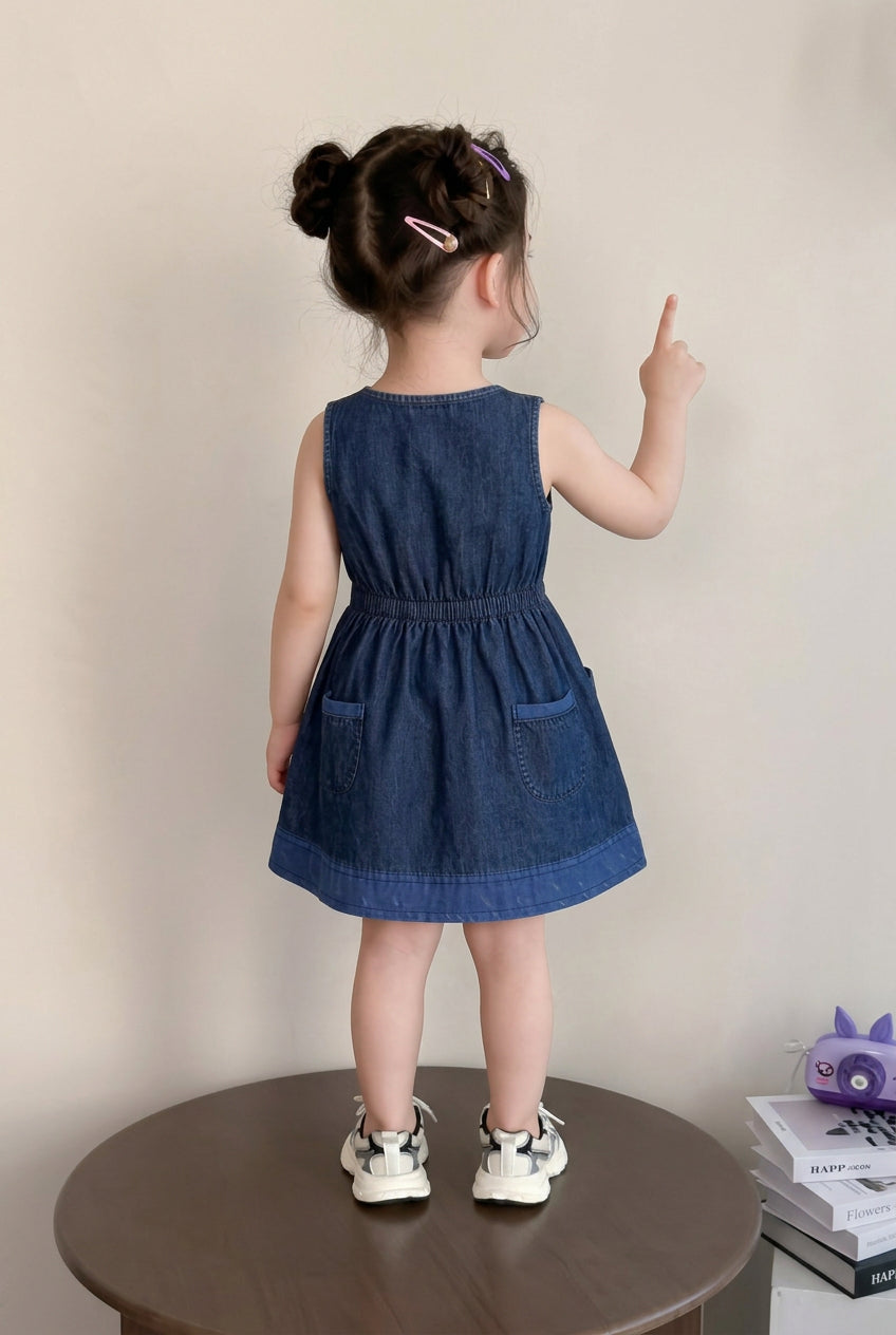 Girls Blue Denim Button-Cut Sleeve Solid Tunic (2–12 Years)