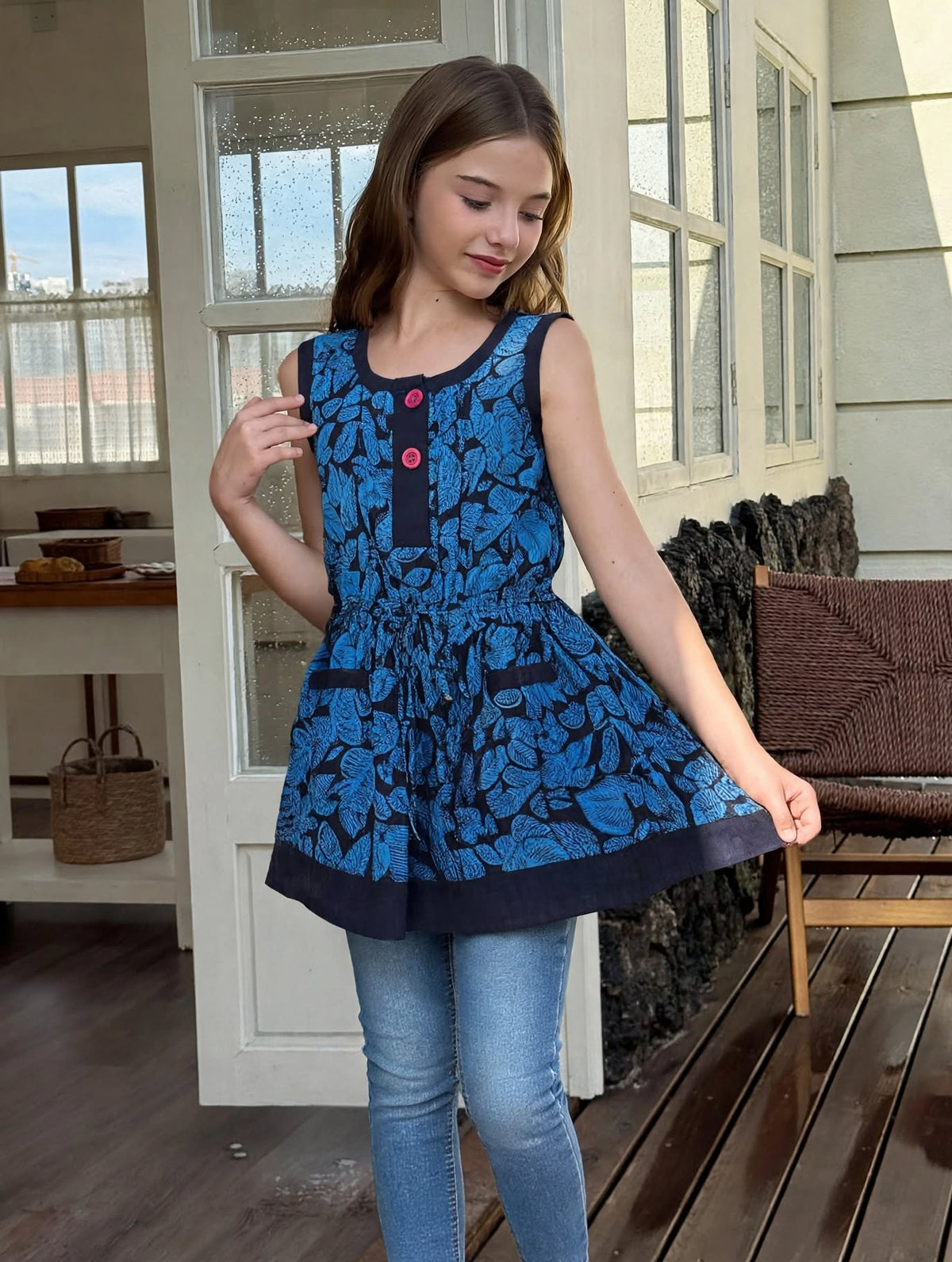 Kid Girl Leafy Print Sleeveless Button Dress | MH