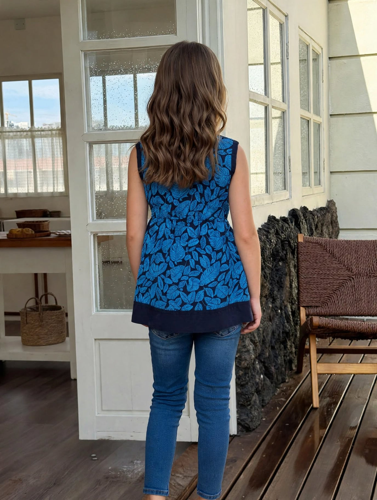 Kid Girl Leafy Print Sleeveless Button Dress | MH