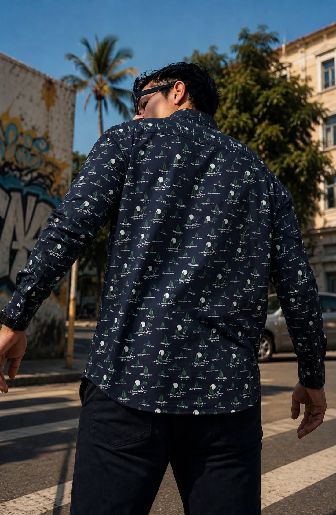 Men's Navy Blue Patterned Shirt - Sailboat & Green Tree Print (Sizes S-XXL) | MH