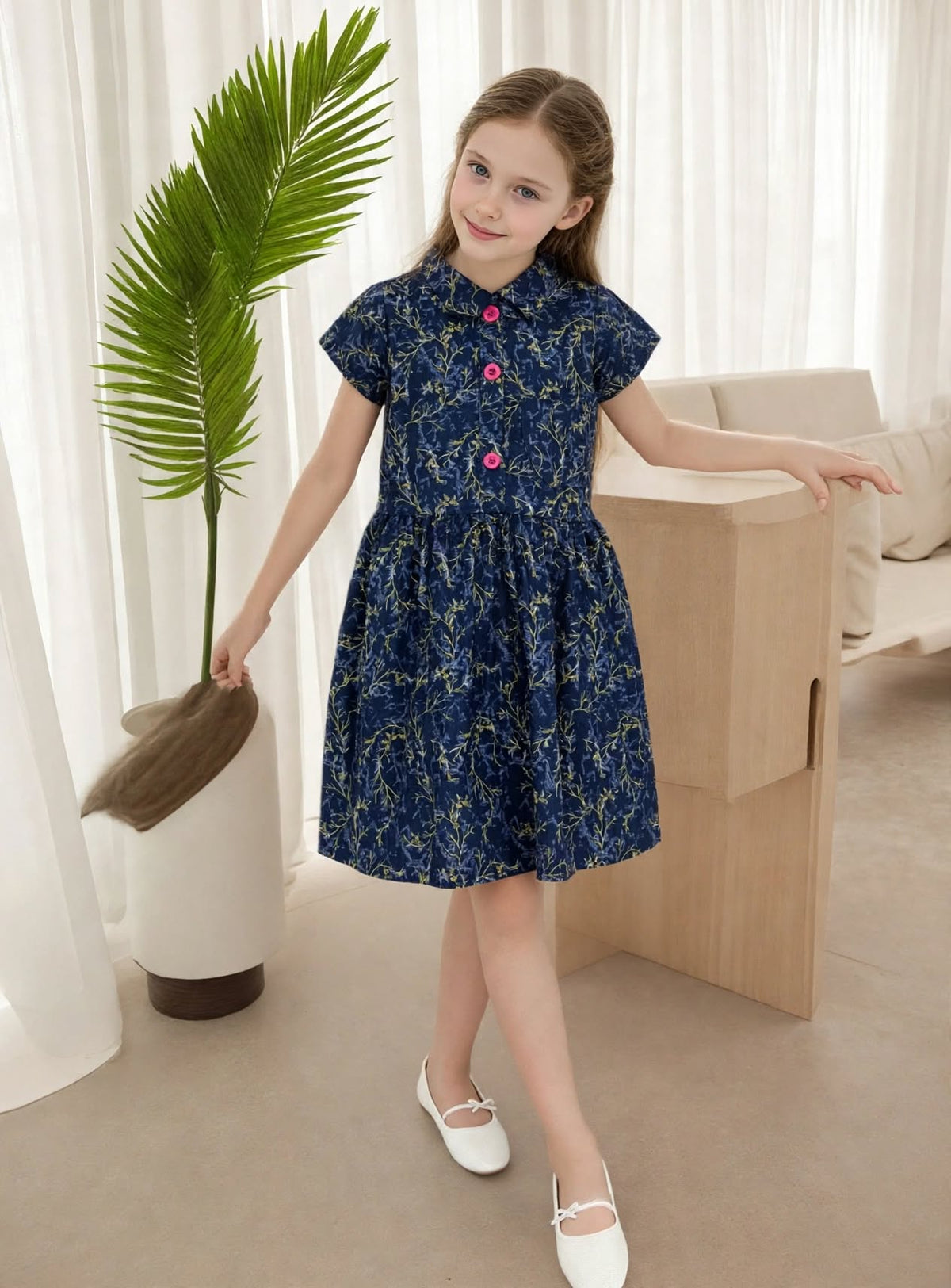 Girls Navy Blue Gold Botanical Print Long Sleeve Dress | Pink Buttons Ruffle Hem Gathered Waist | Ages 2–12 Years | MH