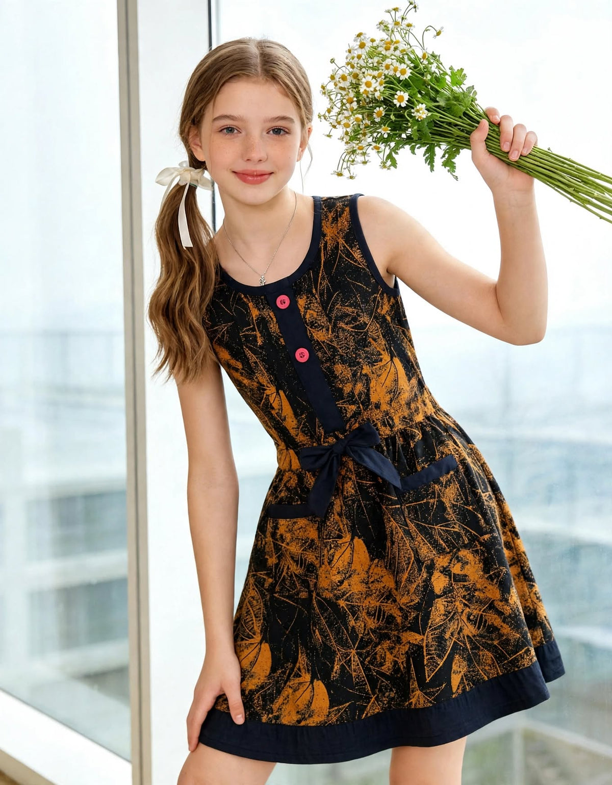 Kid Girl Leafy Print Sleeveless Button Dress | MH